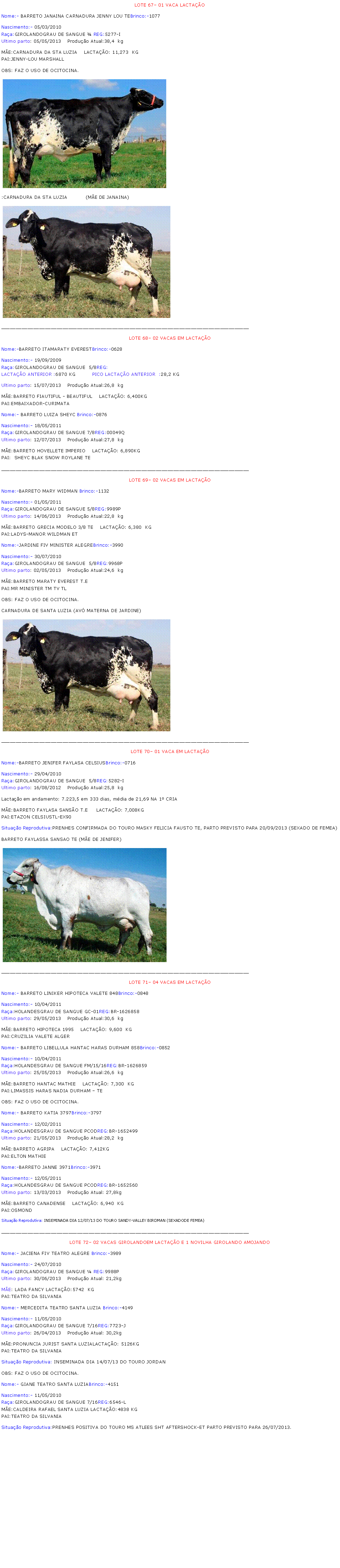 Caixa de texto: LOTE 67 01 VACA LACTAONome:- BARRETO JANAINA CARNADURA JENNY LOU TEBrinco:-1077Nascimento:- 05/03/2010Raa:GIROLANDOGRAU DE SANGUE  REG:5277-IUltimo parto: 05/05/2013	Produo Atual:38,4  kgME:CARNADURA DA STA LUZIA    LACTAO: 11,273  KGPAI:JENNY-LOU MARSHALLOBS: FAZ O USO DE OCITOCINA.￼:CARNADURA DA STA LUZIA           (ME DE JANAINA)￼_____________________________________________________________________________________LOTE 68 02 VACAS EM LACTAO Nome:-BARRETO ITAMARATY EVERESTBrinco:-0628Nascimento:- 19/09/2009Raa:GIROLANDOGRAU DE SANGUE  5/8REG:LACTAO ANTERIOR :6870 KG          PICO LACTAO ANTERIOR  :28,2 KGUltimo parto: 15/07/2013	Produo Atual:26,8  kgME:BARRETO FIAUTIFUL - BEAUTIFUL    LACTAO: 6,400KGPAI:EMBAIXADOR-CURIMATANome:- BARRETO LUIZA SHEYC Brinco:-0876Nascimento:- 18/05/2011Raa:GIROLANDOGRAU DE SANGUE 7/8REG:00049QUltimo parto: 12/07/2013	Produo Atual:27,8  kgME:BARRETO HOVELLETE IMPERIO    LACTAO: 6,890KGPAI:  SHEYC BLAK SNOW ROYLANE TE_____________________________________________________________________________________LOTE 69 02 VACAS EM LACTAO Nome:-BARRETO MARY WIDMAN Brinco:-1132Nascimento:- 01/05/2011Raa:GIROLANDOGRAU DE SANGUE 5/8REG:9989PUltimo parto: 14/06/2013	Produo Atual:22,8  kgME:BARRETO GRECIA MODELO 3/8 TE    LACTAO: 6,380  KGPAI:LADYS-MANOR WILDMAN ETNome:-JARDINE FIV MINISTER ALEGREBrinco:-3990Nascimento:- 30/07/2010Raa:GIROLANDOGRAU DE SANGUE  5/8REG:9968PUltimo parto: 02/05/2013	Produo Atual:24,6  kgME:BARRETO MARATY EVEREST T.EPAI:MR MINISTER TM TV TLOBS: FAZ O USO DE OCITOCINA.CARNADURA DE SANTA LUZIA (AV MATERNA DE JARDINE)￼_____________________________________________________________________________________LOTE 70 01 VACA EM LACTAO Nome:-BARRETO JENIFER FAYLASA CELSIUSBrinco:-0716Nascimento:- 29/04/2010Raa:GIROLANDOGRAU DE SANGUE  5/8REG:5282-IUltimo parto: 16/08/2012	Produo Atual:25,8  kgLactao em andamento: 7.223,5 em 333 dias, mdia de 21,69 NA 1 CRIAME:BARRETO FAYLASA SANSO T.E     LACTAO: 7,008KGPAI:ETAZON CELSIUSTL-EX90Situao Reprodutiva:PRENHES CONFIRMADA DO TOURO MASKY FELICIA FAUSTO TE, PARTO PREVISTO PARA 20/09/2013 (SEXADO DE FEMEA)BARRETO FAYLASSA SANSAO TE (ME DE JENIFER)￼_____________________________________________________________________________________LOTE 71 04 VACAS EM LACTAO Nome:- BARRETO LINIKER HIPOTECA VALETE 848Brinco:-0848Nascimento:- 10/04/2011Raa:HOLANDESGRAU DE SANGUE GC-01REG:BR-1626858Ultimo parto: 29/05/2013	Produo Atual:30,6  kgME:BARRETO HIPOTECA 1995    LACTAO: 9,600  KGPAI:CRUZILIA VALETE ALGERNome:- BARRETO LIBELLULA HANTAC HARAS DURHAM 858Brinco:-0852Nascimento:- 10/04/2011Raa:HOLANDESGRAU DE SANGUE FM/15/16REG:BR-1626859Ultimo parto: 25/05/2013	Produo Atual:26,6  kgME:BARRETO HANTAC MATHIE    LACTAO: 7,300  KGPAI:LIMASSIS HARAS NADIA DURHAM  TE OBS: FAZ O USO DE OCITOCINA.Nome:- BARRETO KATIA 3797Brinco:-3797Nascimento:- 12/02/2011Raa:HOLANDESGRAU DE SANGUE PCODREG:BR-1652499Ultimo parto: 21/05/2013	Produo Atual:28,2  kgME:BARRETO AGRIPA    LACTAO: 7,412KGPAI:ELTON MATHIENome:-BARRETO JANNE 3971Brinco:-3971Nascimento:- 12/05/2011Raa:HOLANDESGRAU DE SANGUE PCODREG:BR-1652560Ultimo parto: 13/03/2013	Produo Atual: 27,8kgME:BARRETO CANADENSE    LACTAO: 6,940  KGPAI:OSMONDSituao Reprodutiva: INSEMINADA DIA 12/07/13 DO TOURO SANDY-VALLEY BIRDMAN (SEXADODE FEMEA)_____________________________________________________________________________________LOTE 72 02 VACAS GIROLANDOEM LACTAO E 1 NOVILHA GIROLANDO AMOJANDONome:- JACIENA FIV TEATRO ALEGRE Brinco:-3989Nascimento:- 24/07/2010Raa:GIROLANDOGRAU DE SANGUE  REG:9988PUltimo parto: 30/06/2013	Produo Atual: 21,2kgME: LADA FANCY LACTAO:5742  KG PAI:TEATRO DA SILVANIANome:- MERCEDITA TEATRO SANTA LUZIA Brinco:-4149Nascimento:- 11/05/2010Raa:GIROLANDOGRAU DE SANGUE 7/16REG:7723-JUltimo parto: 26/04/2013	Produo Atual: 30,2kgME:PRONUNCIA JURIST SANTA LUZIALACTAO: 5126KGPAI:TEATRO DA SILVANIA Situao Reprodutiva: INSEMINADA DIA 14/07/13 DO TOURO JORDANOBS: FAZ O USO DE OCITOCINA.Nome:- GIANE TEATRO SANTA LUZIABrinco:-4151Nascimento:- 11/05/2010Raa:GIROLANDOGRAU DE SANGUE 7/16REG:6546-LME:CALDEIRA RAFAEL SANTA LUZIA LACTAO:4838 KGPAI:TEATRO DA SILVANIA Situao Reprodutiva:PRENHES POSITIVA DO TOURO MS ATLEES SHT AFTERSHOCK-ET PARTO PREVISTO PARA 26/07/2013. 